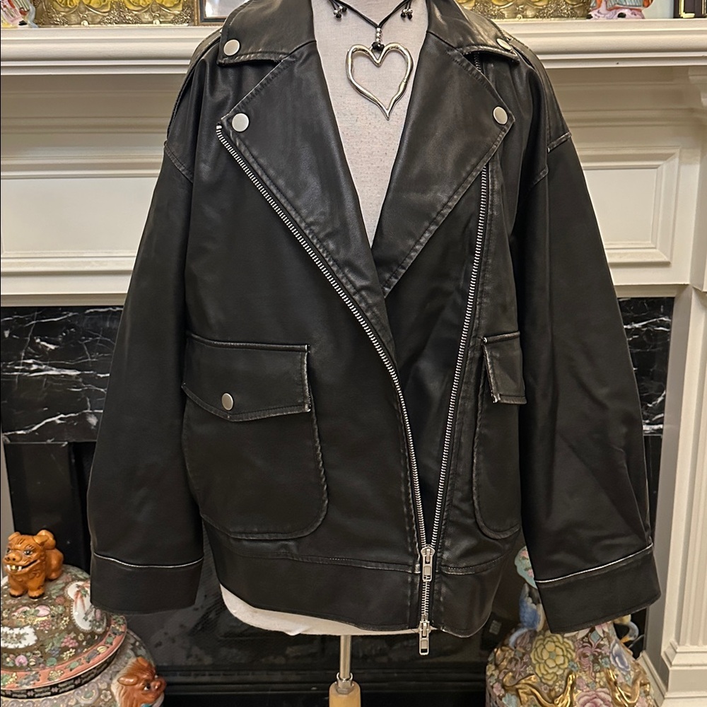 “Future Collective” Distressed Black Vegan Leather Moto Jacket - Picture 3 of 7